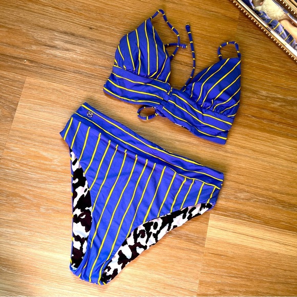 Maaji Reversible Bikini Size Small blue stripe and cow print swimsuit - Picture 1 of 5